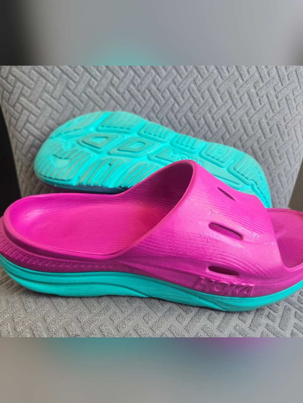 Hoka Two-Tone Pink and Teal Slide Sandals